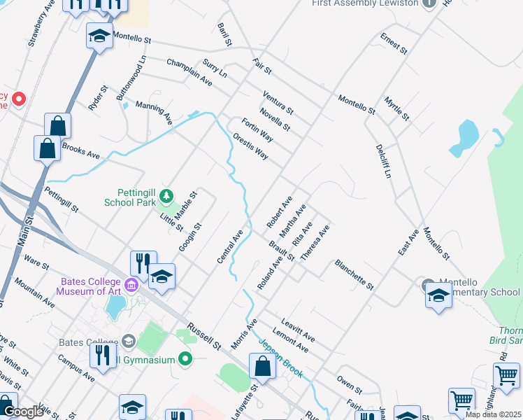 map of restaurants, bars, coffee shops, grocery stores, and more near 237 Central Avenue in Lewiston