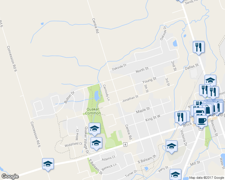 map of restaurants, bars, coffee shops, grocery stores, and more near 66 Centre Road in Uxbridge