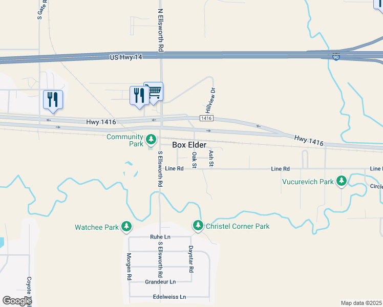 map of restaurants, bars, coffee shops, grocery stores, and more near 219 Oak Street in Box Elder