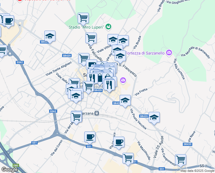 map of restaurants, bars, coffee shops, grocery stores, and more near 55 Via Giuseppe Mazzini in Sarzana