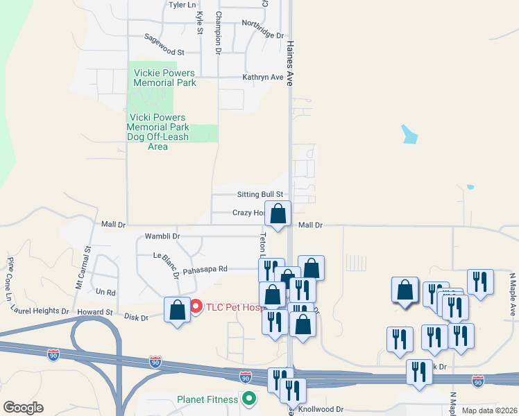 map of restaurants, bars, coffee shops, grocery stores, and more near 607 Sitting Bull St in Rapid City