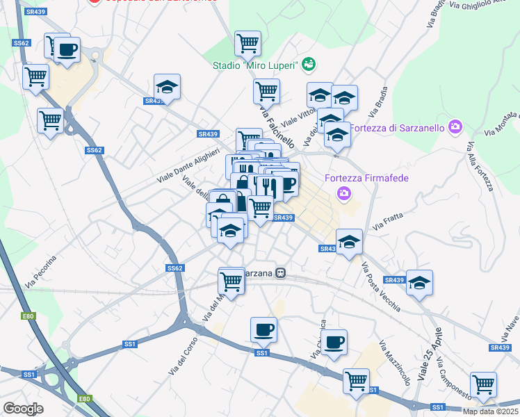 map of restaurants, bars, coffee shops, grocery stores, and more near 32 Via Pietro Gori in Sarzana