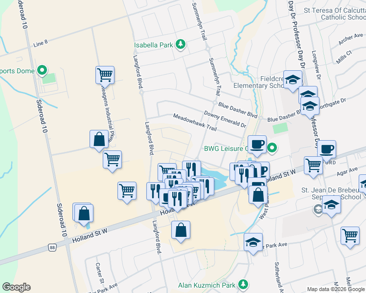 map of restaurants, bars, coffee shops, grocery stores, and more near 5 Culbert Road in Bradford West Gwillimbury