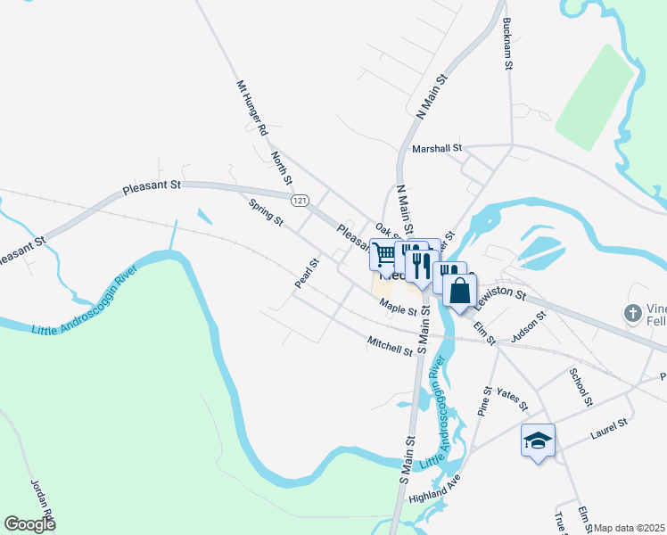 map of restaurants, bars, coffee shops, grocery stores, and more near 2 Maple Street in Mechanic Falls