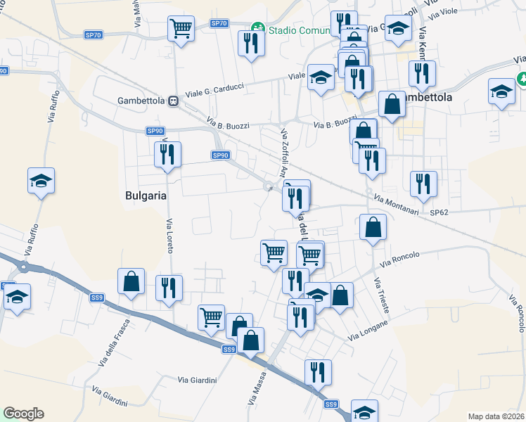 map of restaurants, bars, coffee shops, grocery stores, and more near 23 Via Antonio Zoffoli in Gambettola