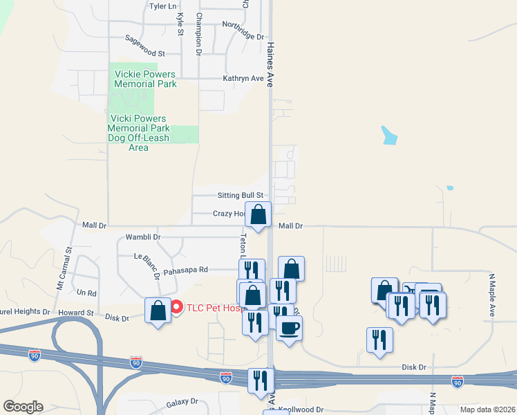 map of restaurants, bars, coffee shops, grocery stores, and more near 512 1/2 Crazy Horse Street in Rapid City