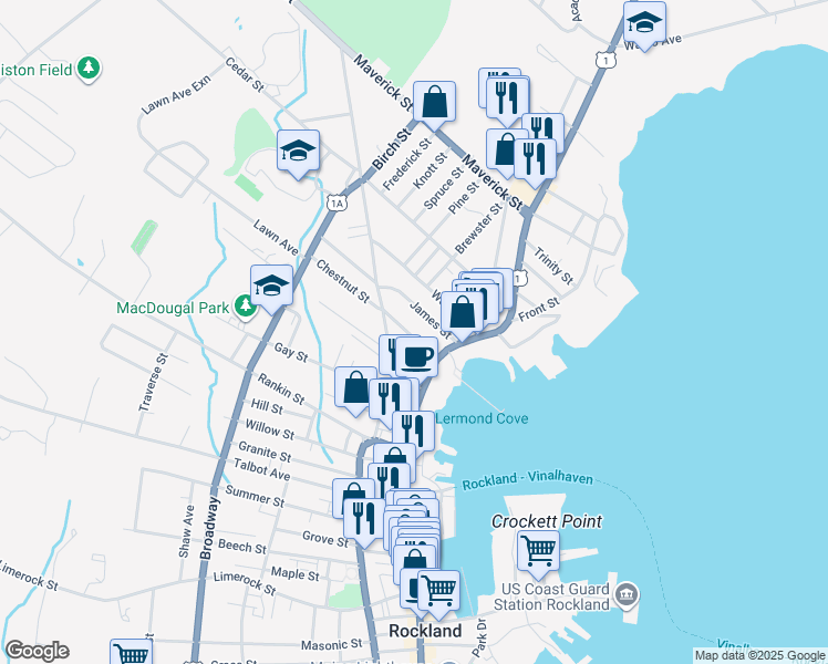 map of restaurants, bars, coffee shops, grocery stores, and more near 21 Rockland Street in Rockland