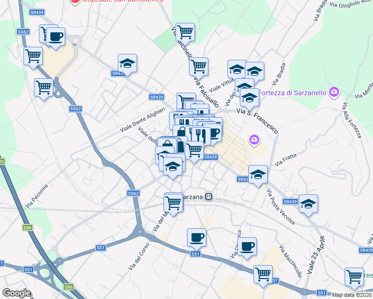 map of restaurants, bars, coffee shops, grocery stores, and more near 24 Piazza San Giorgio in Sarzana