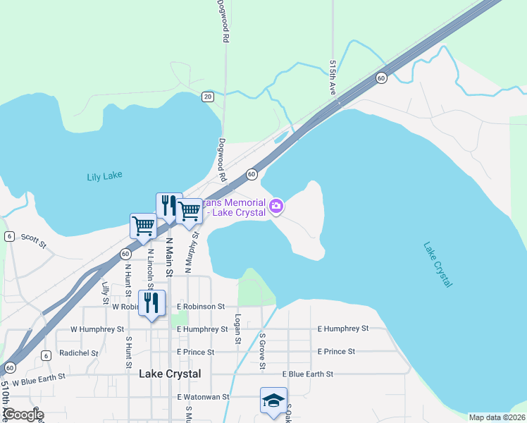 map of restaurants, bars, coffee shops, grocery stores, and more near 222 Cemetery Road in Lake Crystal