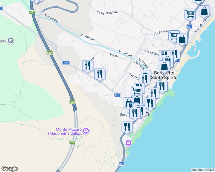 map of restaurants, bars, coffee shops, grocery stores, and more near 12 Via Michelangelo in Borghetto Santo Spirito