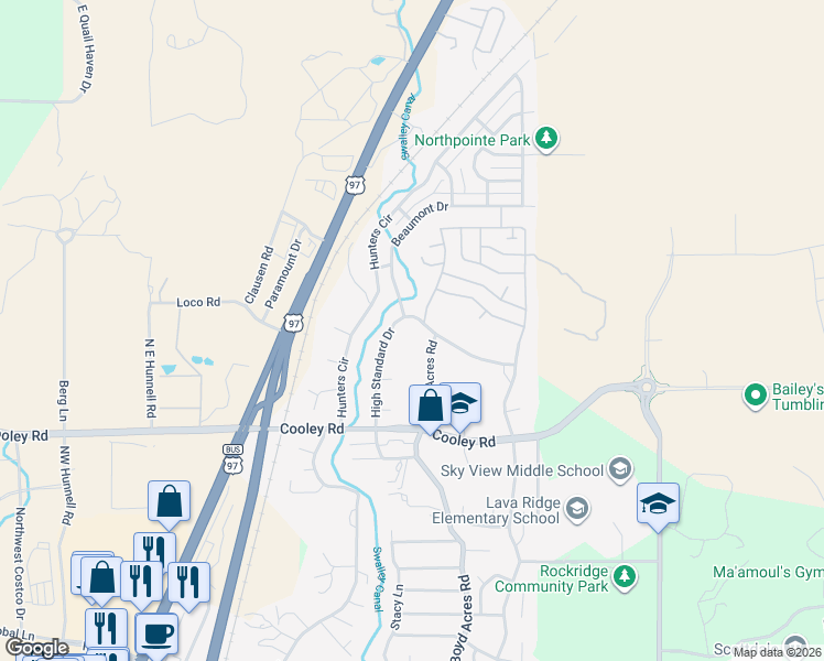 map of restaurants, bars, coffee shops, grocery stores, and more near 20705 Wagontire Way in Bend