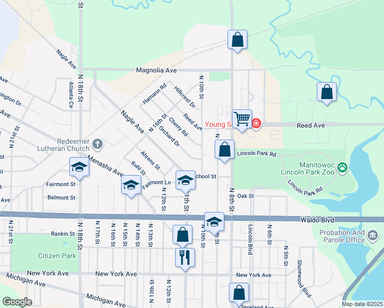 map of restaurants, bars, coffee shops, grocery stores, and more near 1106 Orchard Drive in Manitowoc