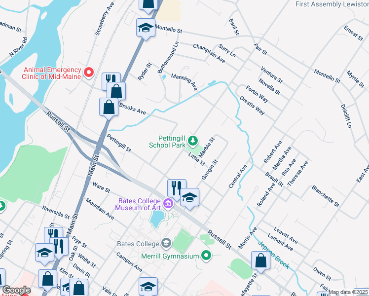 map of restaurants, bars, coffee shops, grocery stores, and more near 409 College Street in Lewiston