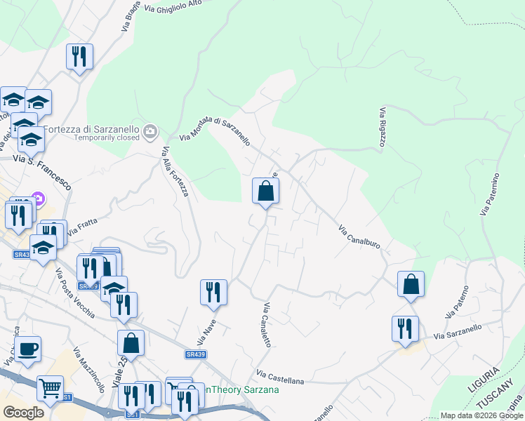 map of restaurants, bars, coffee shops, grocery stores, and more near 79 Via Nave in Sarzana