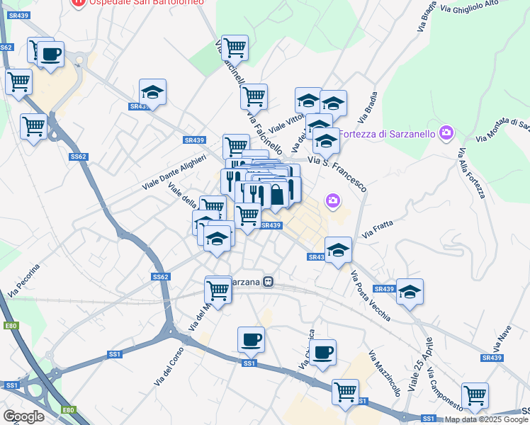 map of restaurants, bars, coffee shops, grocery stores, and more near 19-21 Via Mazzini in Sarzana