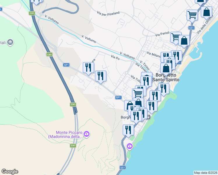 map of restaurants, bars, coffee shops, grocery stores, and more near 12 Via Michelangelo in Borghetto Santo Spirito