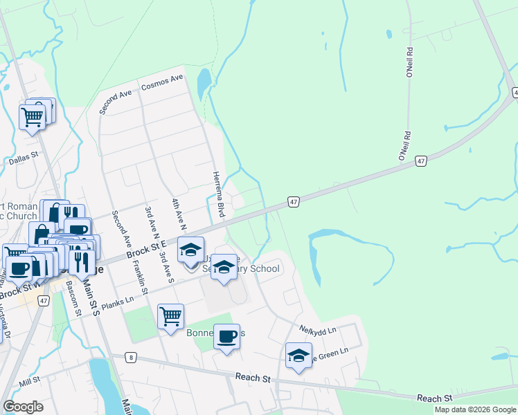 map of restaurants, bars, coffee shops, grocery stores, and more near 34 Alan Williams Trail in Uxbridge