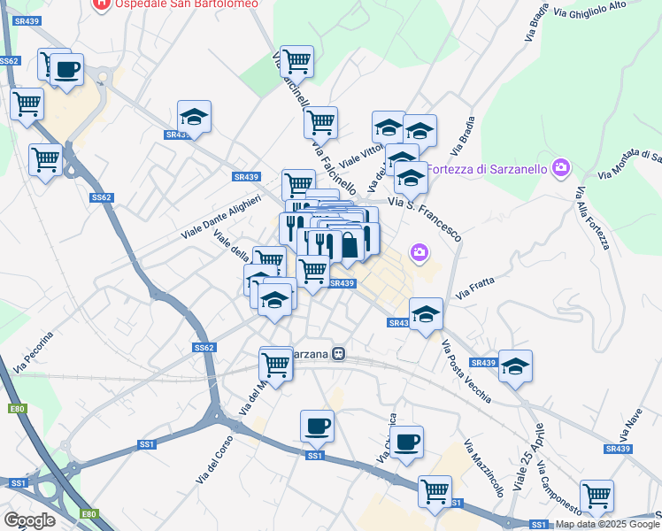 map of restaurants, bars, coffee shops, grocery stores, and more near 19-21 Via Mazzini in Sarzana