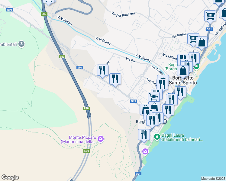 map of restaurants, bars, coffee shops, grocery stores, and more near 42-44 Via Michelangelo in Borghetto Santo Spirito