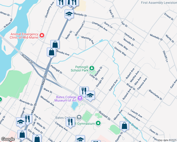 map of restaurants, bars, coffee shops, grocery stores, and more near 409 College Street in Lewiston