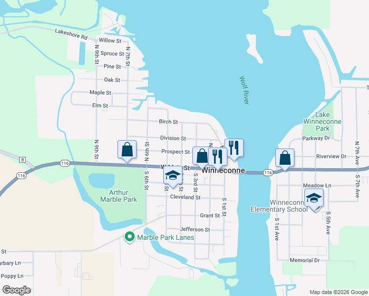map of restaurants, bars, coffee shops, grocery stores, and more near 336 Prospect St in Winneconne