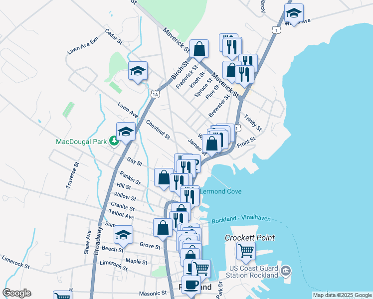 map of restaurants, bars, coffee shops, grocery stores, and more near 15 Rockland Street in Rockland