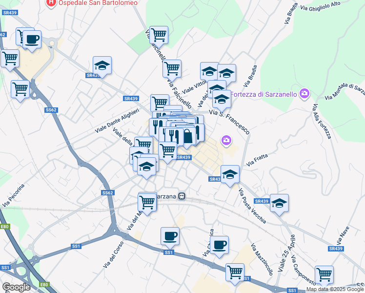 map of restaurants, bars, coffee shops, grocery stores, and more near 19-21 Via Mazzini in Sarzana