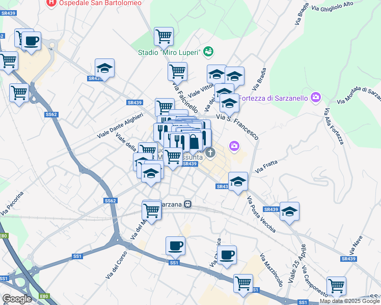 map of restaurants, bars, coffee shops, grocery stores, and more near 19-21 Via Mazzini in Sarzana