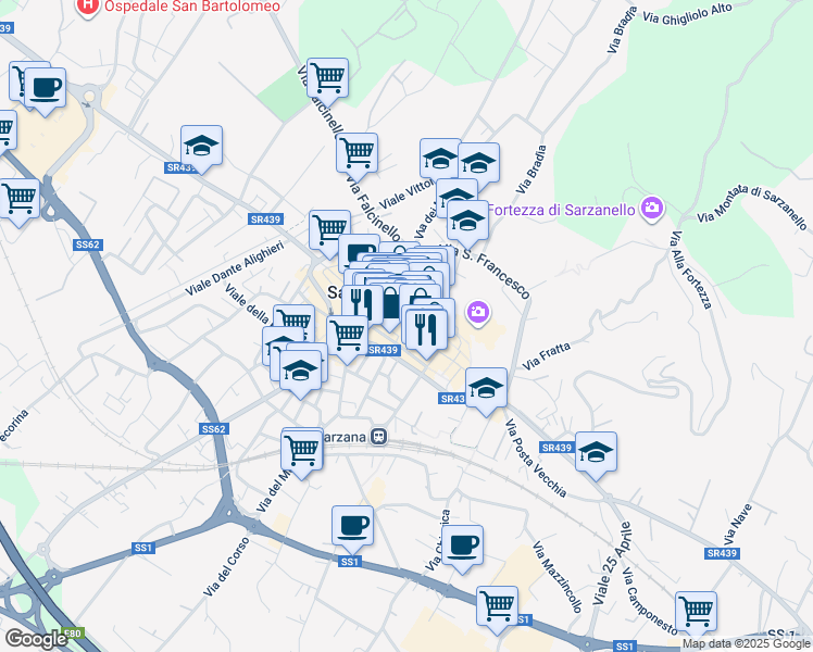 map of restaurants, bars, coffee shops, grocery stores, and more near 55 Via Giuseppe Mazzini in Sarzana