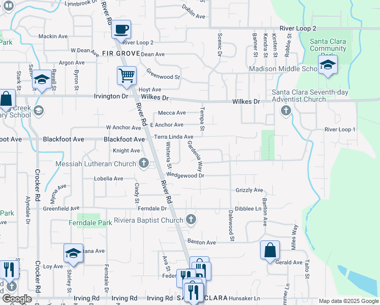 map of restaurants, bars, coffee shops, grocery stores, and more near 3338 Gardenia Way in Eugene