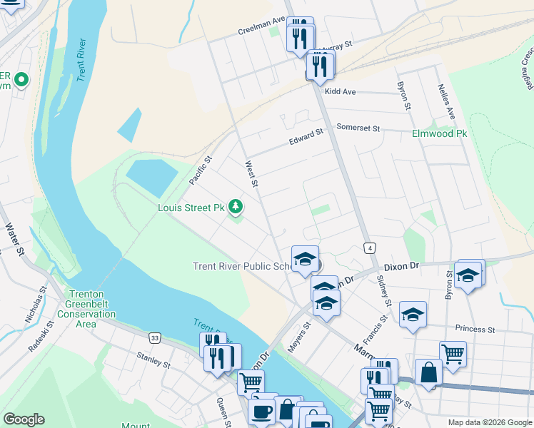 map of restaurants, bars, coffee shops, grocery stores, and more near 95 West Street in Quinte West