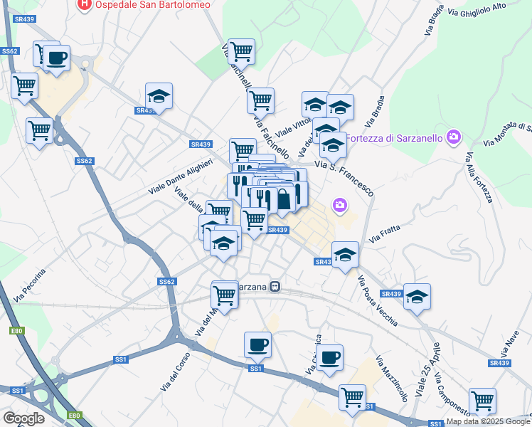 map of restaurants, bars, coffee shops, grocery stores, and more near 19-21 Via Mazzini in Sarzana