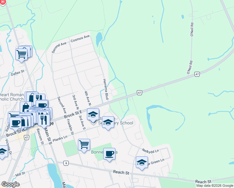 map of restaurants, bars, coffee shops, grocery stores, and more near 11 Alan Williams Trail in Uxbridge
