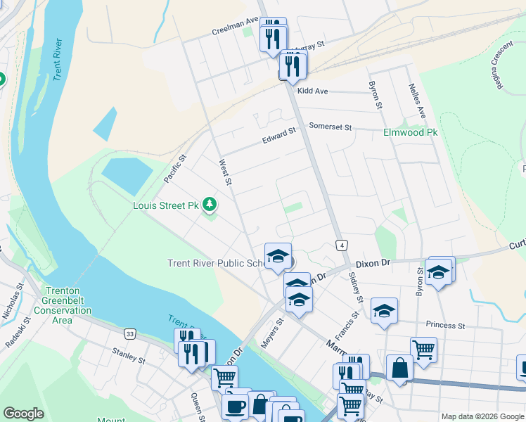 map of restaurants, bars, coffee shops, grocery stores, and more near 25 Barbara Street in Quinte West