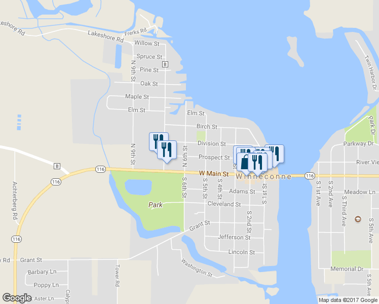 map of restaurants, bars, coffee shops, grocery stores, and more near 546 Prospect Street in Winneconne