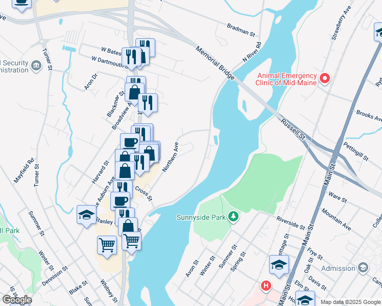 map of restaurants, bars, coffee shops, grocery stores, and more near 222 North River Road in Auburn