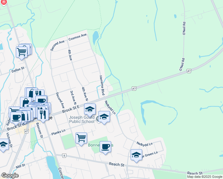 map of restaurants, bars, coffee shops, grocery stores, and more near 216 Brock Street East in Uxbridge