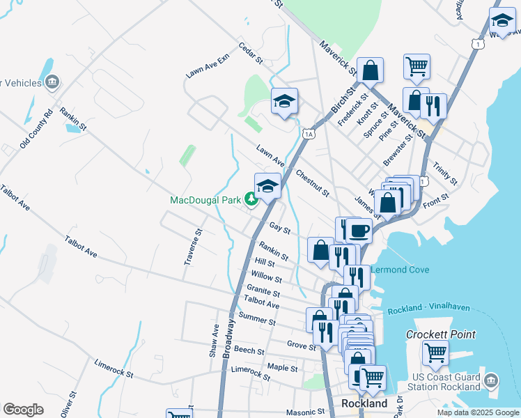 map of restaurants, bars, coffee shops, grocery stores, and more near 330 Broadway in Rockland