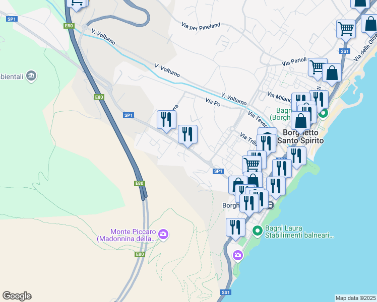 map of restaurants, bars, coffee shops, grocery stores, and more near 44 Via Michelangelo in Borghetto Santo Spirito