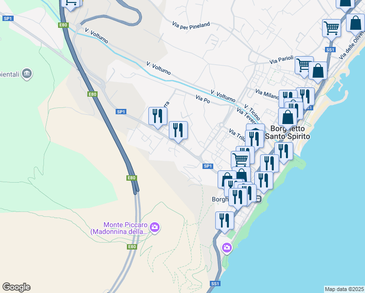 map of restaurants, bars, coffee shops, grocery stores, and more near 42-44 Via Michelangelo in Borghetto Santo Spirito