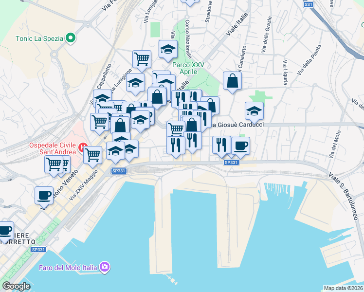 map of restaurants, bars, coffee shops, grocery stores, and more near Corso Nazionale in La Spezia