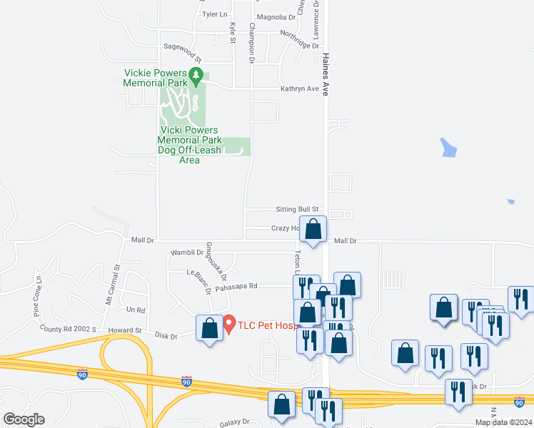 map of restaurants, bars, coffee shops, grocery stores, and more near 631 Sitting Bull Street in Rapid City