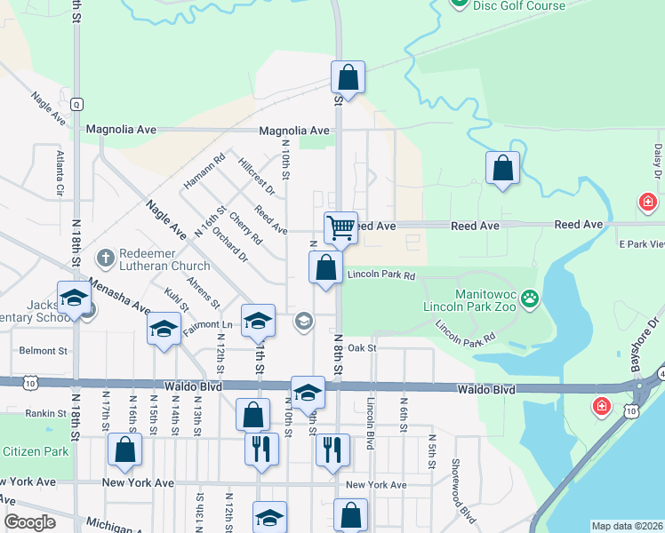 map of restaurants, bars, coffee shops, grocery stores, and more near 1305 North 9th Street in Manitowoc