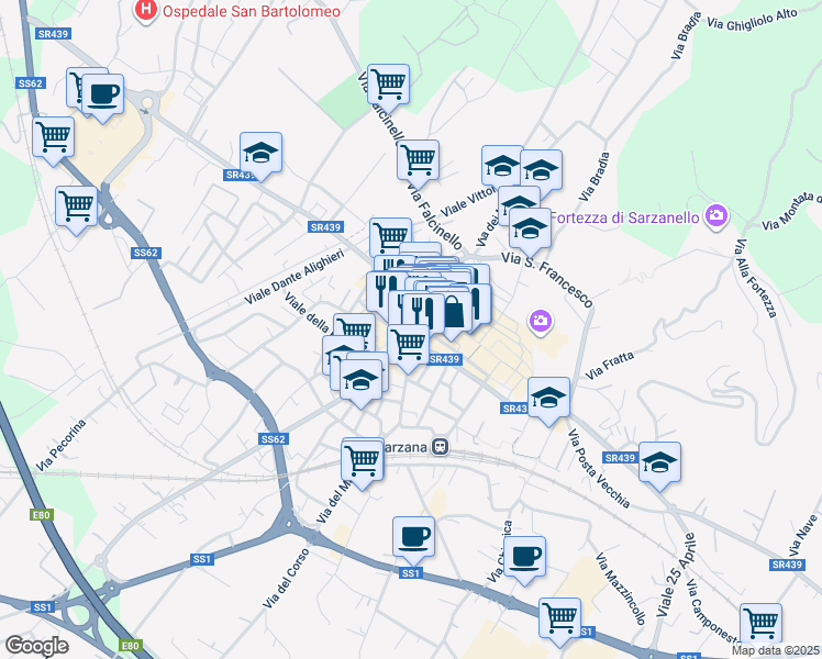 map of restaurants, bars, coffee shops, grocery stores, and more near 19-21 Via Mazzini in Sarzana
