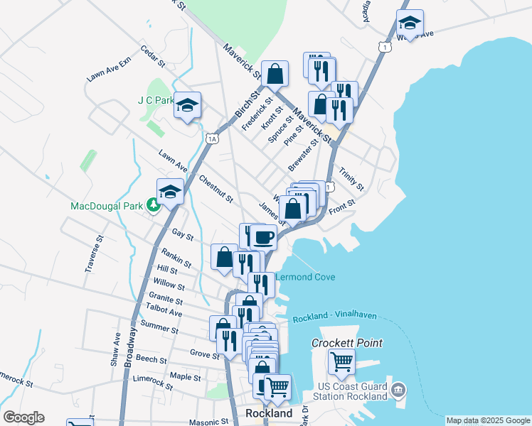 map of restaurants, bars, coffee shops, grocery stores, and more near 21 Rockland Street in Rockland