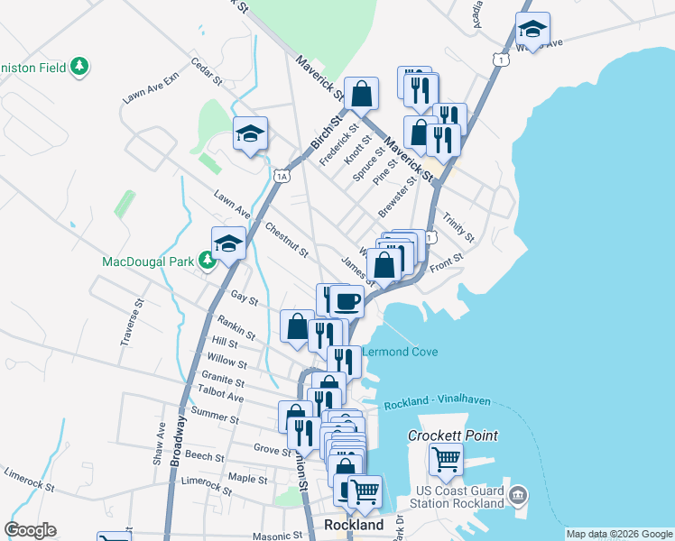 map of restaurants, bars, coffee shops, grocery stores, and more near 21 Rockland Street in Rockland