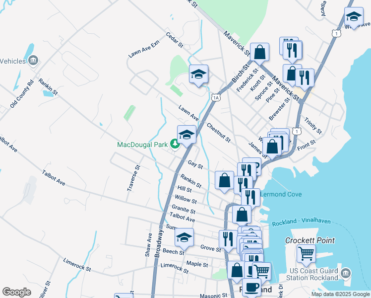 map of restaurants, bars, coffee shops, grocery stores, and more near 338 Broadway in Rockland
