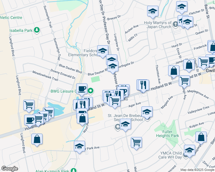 map of restaurants, bars, coffee shops, grocery stores, and more near 70 Professor Day Drive in Bradford West Gwillimbury