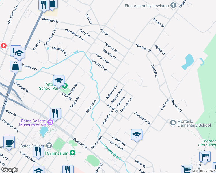 map of restaurants, bars, coffee shops, grocery stores, and more near 237 Central Avenue in Lewiston
