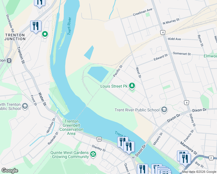 map of restaurants, bars, coffee shops, grocery stores, and more near 9 Pacific Street in Quinte West